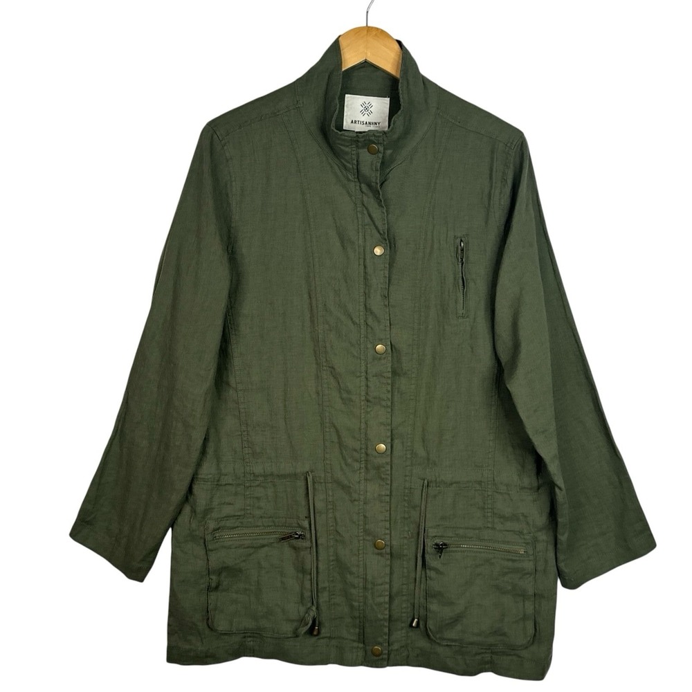 Artisan NY 100% Linen Utility Jacket Large Olive Green Safari Anorak Drawstring